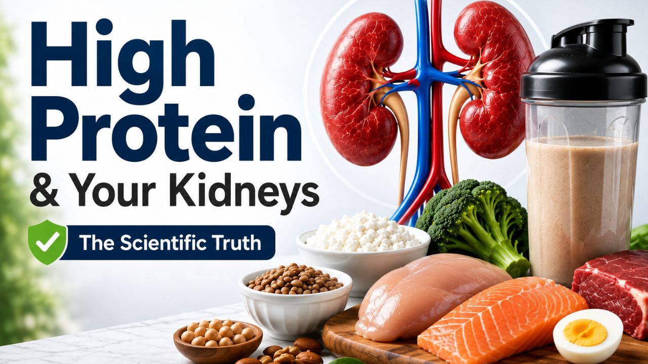 Illustration of healthy kidneys with protein-rich foods and a protein shake.