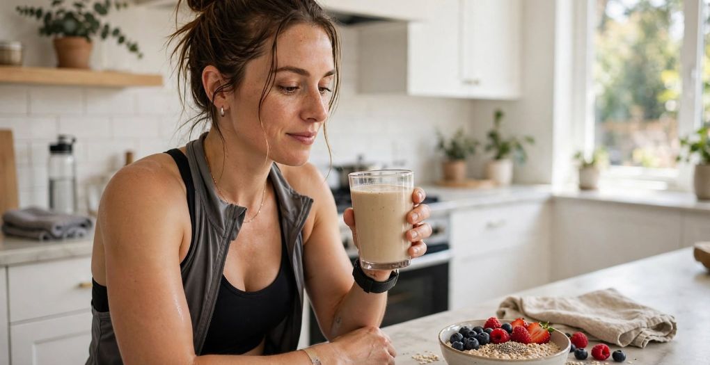 Woman drinking a vegan protein shake after a workout