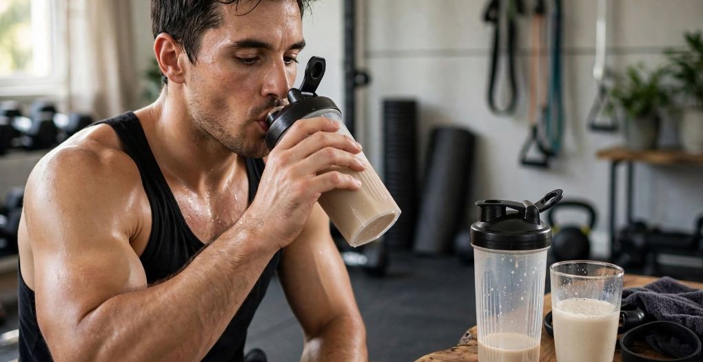 Man drinking a whey protein shake after strength training.