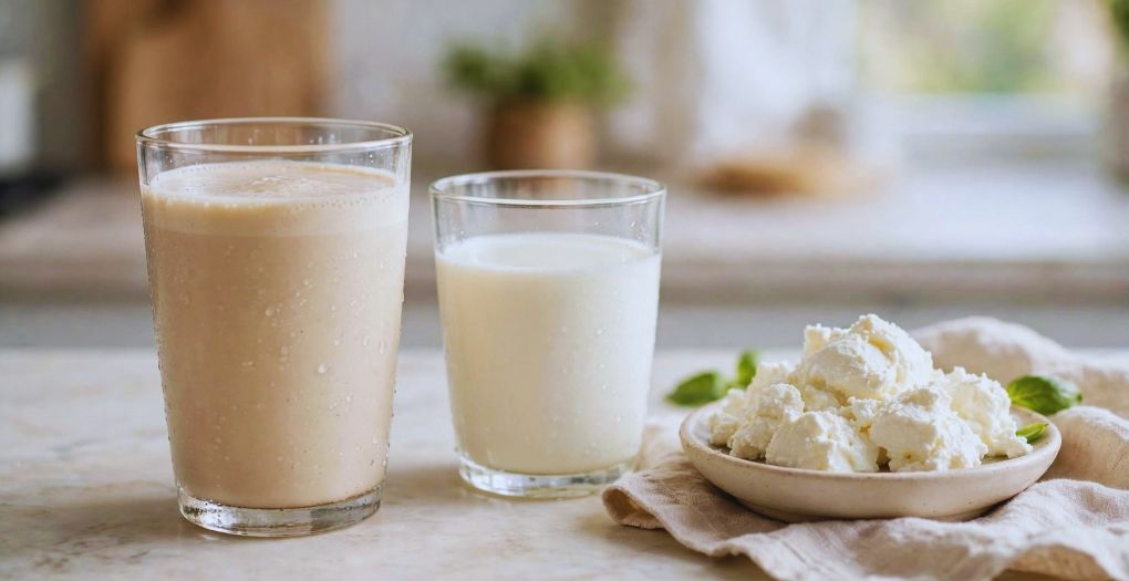 Whey protein shake with milk and cottage cheese